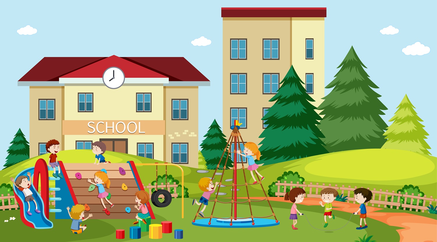 Active boys and girls playing sport and fun activities outside illustration